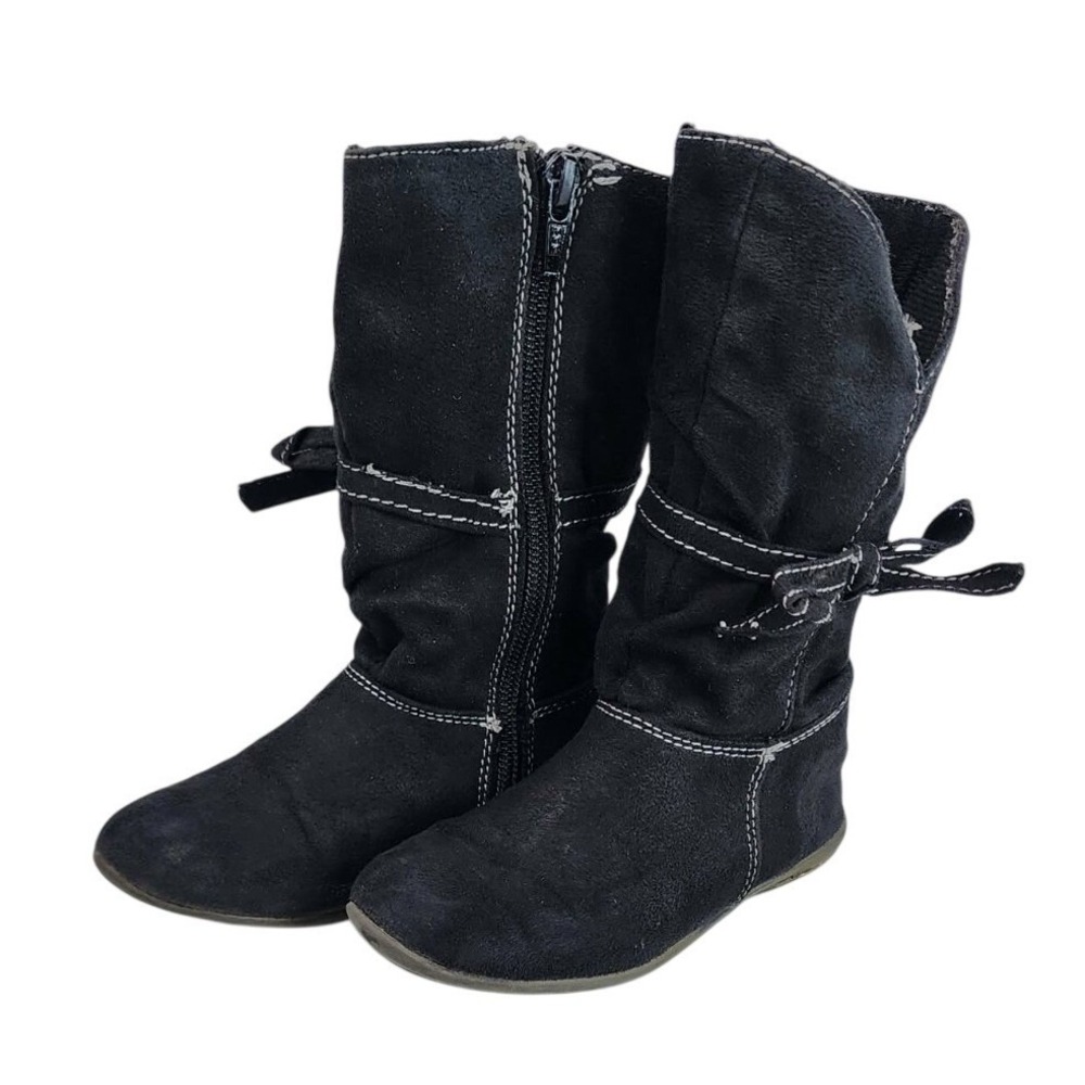 Kids Black Suede Slouch Boots with White Stitching Bow‎ Detail Side Zip Size 8